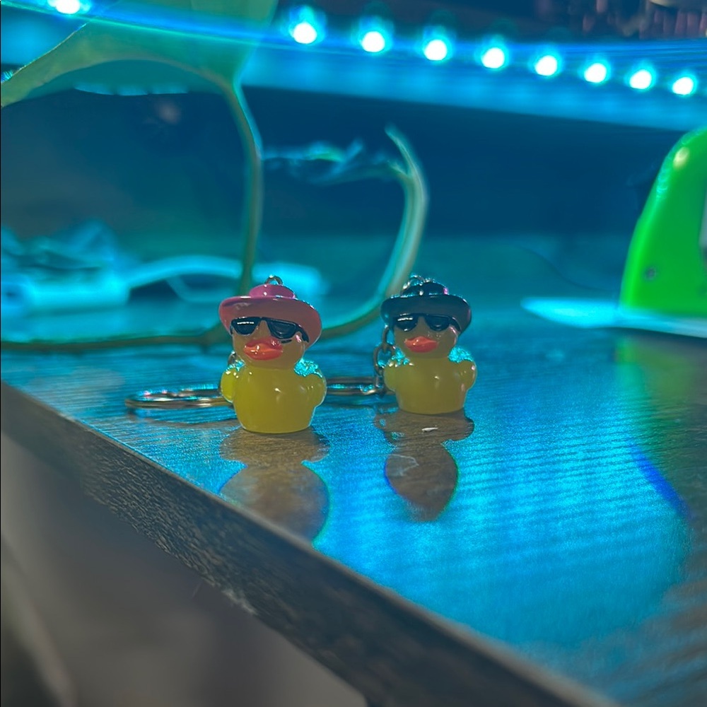 SHEIN Yellow Duck Keychains with Pink and Black Hats